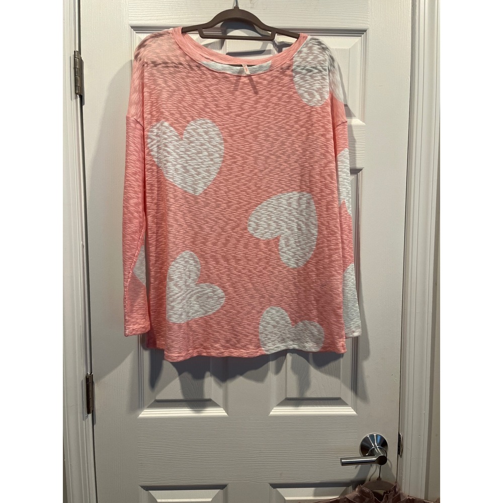 My Story Womens Pink White Heart Print‎ Long Sleeve Knit Top Large MT20177 USA